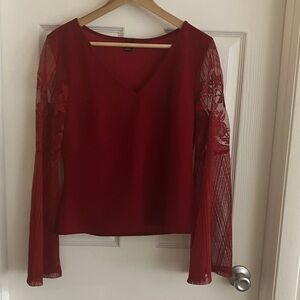 SHEIN Red Lace Sleeve V-Neck Blouse